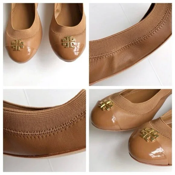 TORY BURCH Jolie Beige Patent Leather Cap-toe Gold Logo Ballet Flats Sz 6.5 M - Picture 5 of 14